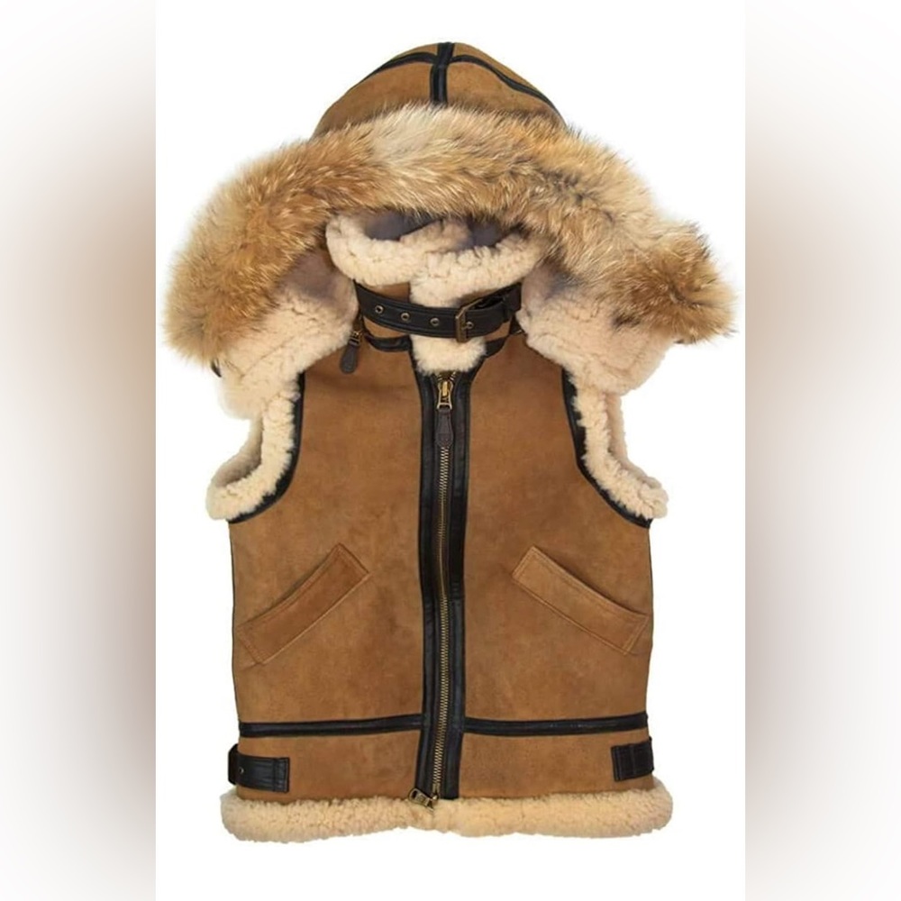B3 Bomber Aviator Flying Pilot Fur Shearling Sheepskin Leather Vest Jacket